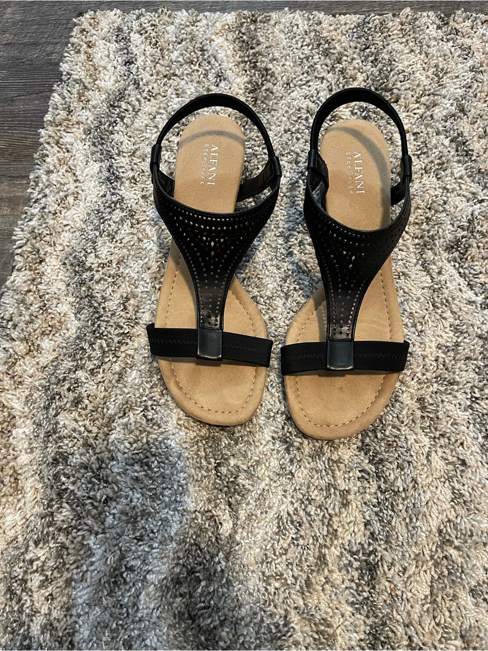 Alfani Black T-Strap Sandals with Tan Footbed